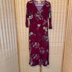 Aphratti Burgundy Floral Faux Wrap Maxi Dress 3/4 Sleeve Jersey Knit Size Large